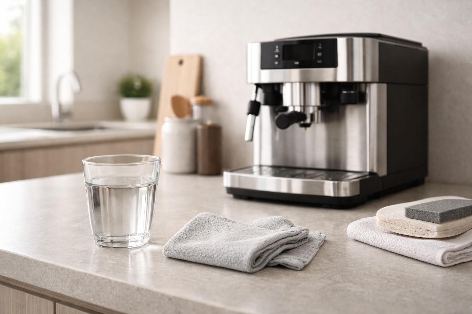 Detailaufnahme des Wassertanks einer Kaffeemaschine während der Entkalkung – für besten Kaffeegeschmack und eine lange Lebensdauer des Geräts.